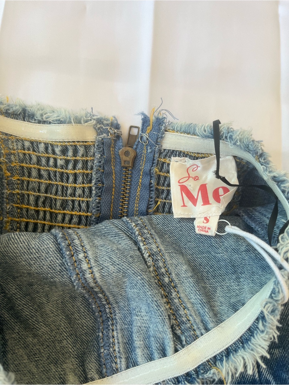 So Me Strapless Ruffled Denim Mini Dress in Blue - Picture 2 of 4